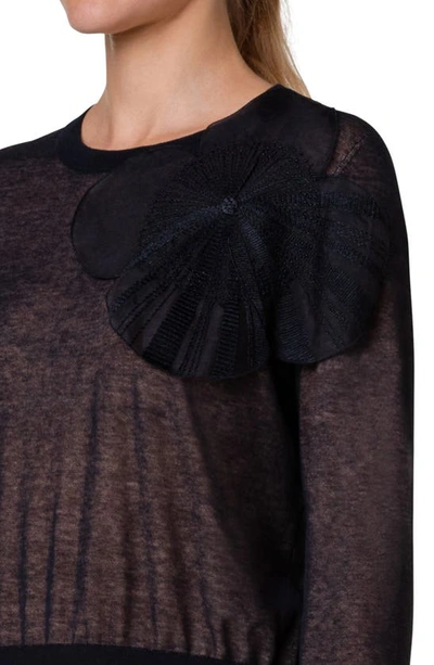 Shop Akris Poppy Appliqué Cotton Blend Crewneck Sweater In Black