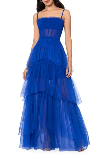 Shop Betsy & Adam Tiered Tulle Ruffle Gown In Royal