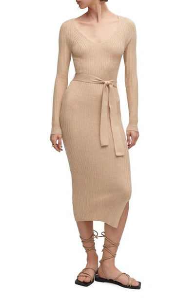 Mango Robe Midi Maille Ceinture In Sand