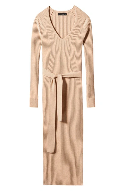 Mango Robe Midi Maille Ceinture In Sand