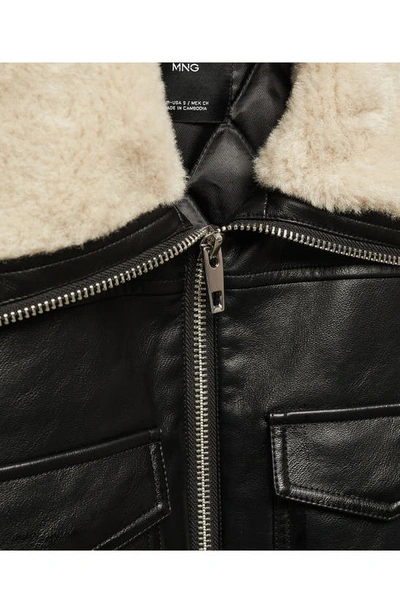 Shop Mango Faux Leather & Faux Fur Bomber Jacket In Black