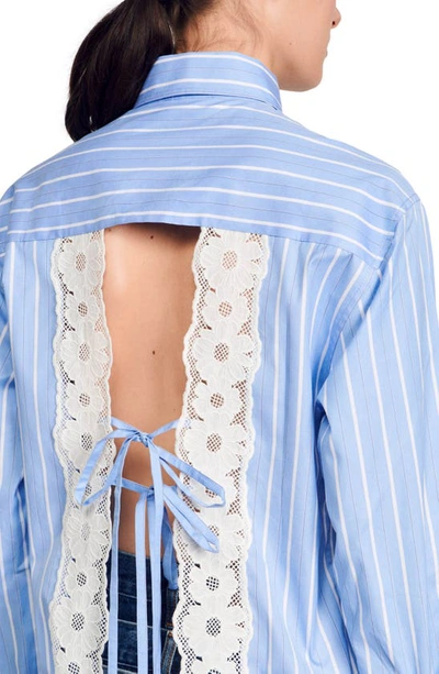 Shop Sandro Davie Stripe Lace Accent Open Back Cotton Button-up Shirt In Blu / White