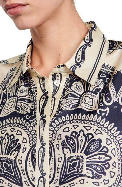 Shop Sandro Teyll Paisley Silk Button-up Shirt In Beige / Navy