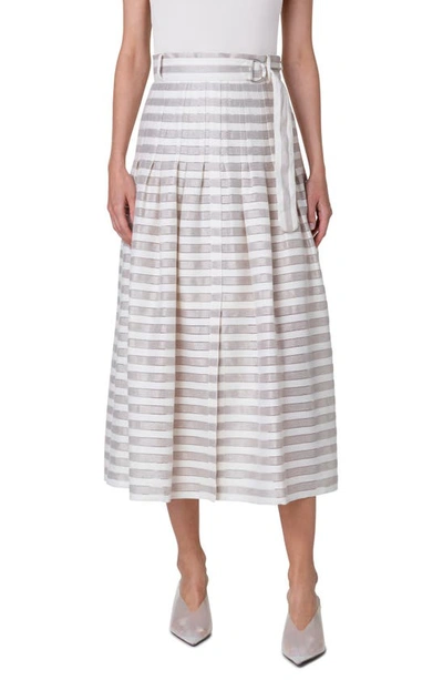 Shop Akris Punto Texture Stripe Belted Midi Skirt In Flax-cream