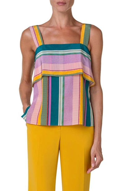 Shop Akris Punto Stripe Sleeveless Square Neck Silk Top In Mauve-multicolor