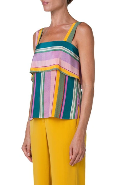 Shop Akris Punto Stripe Sleeveless Square Neck Silk Top In Mauve-multicolor