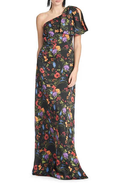 Shop Sachin & Babi Chelsea Floral One-shoulder Crinkle Georgette Gown In Noir Wildflower