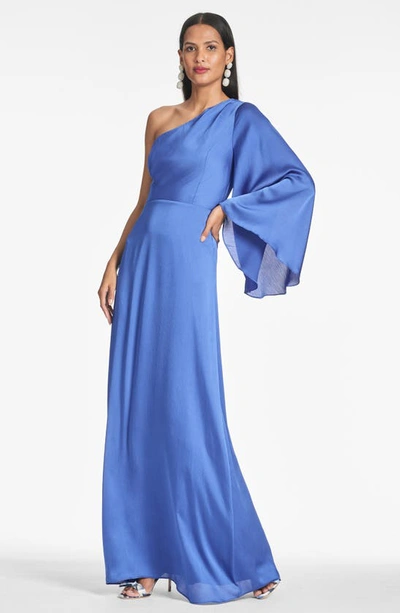 Shop Sachin & Babi Keely One-shoulder Single Long Sleeve Crinkle Georgette Gown In French Blue