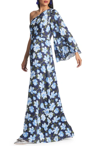 Shop Sachin & Babi Keely Floral One-shoulder Long Sleeve Gown In Ocean Blue Magnolia