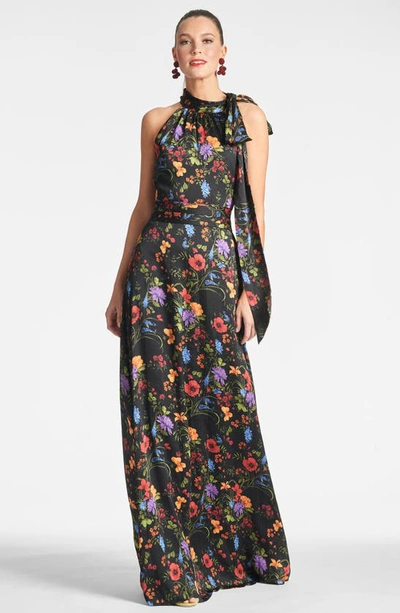 Shop Sachin & Babi Kayla Floral Crinkle Georgette Gown In Noir Wildflower