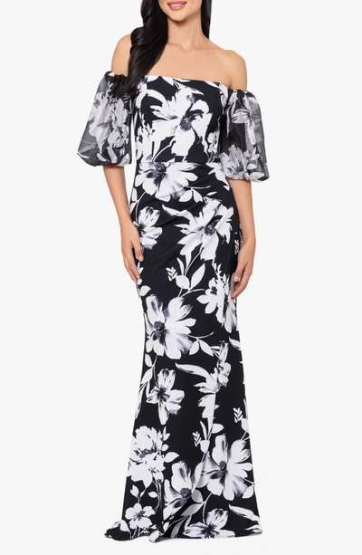 Shop Xscape Floral Off The Shoulder Puff Sleeve Scuba Sheath Gown In Black/ White