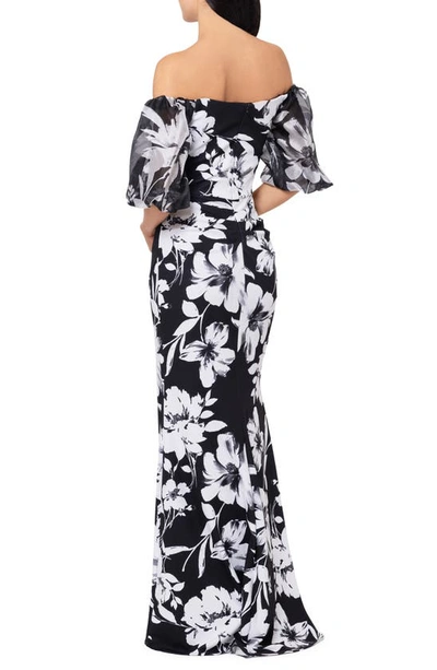 Shop Xscape Floral Off The Shoulder Puff Sleeve Scuba Sheath Gown In Black/ White