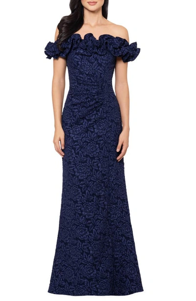 Shop Xscape Ruffle Off The Shoulder Brocade Gown In Navy