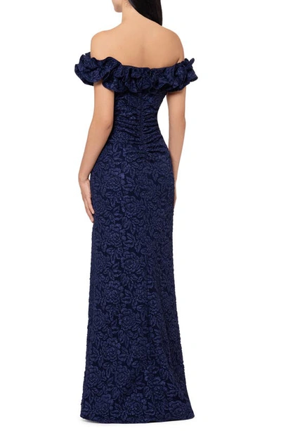 Shop Xscape Ruffle Off The Shoulder Brocade Gown In Navy
