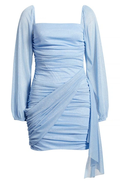 Shop Jump Apparel Metallic Drape Front Long Sleeve Minidress In Light Blue