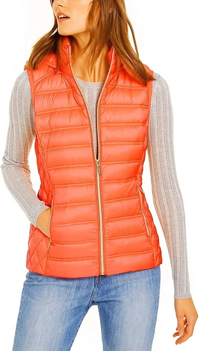 Shop Michael Kors Down Puffer Vest Jacket With Removable Hood In Orange