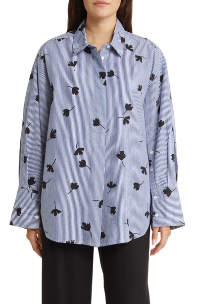 Masai Copenhagen Gila Floral Stripe Cotton Poplin Tunic Top In Maritime Blue