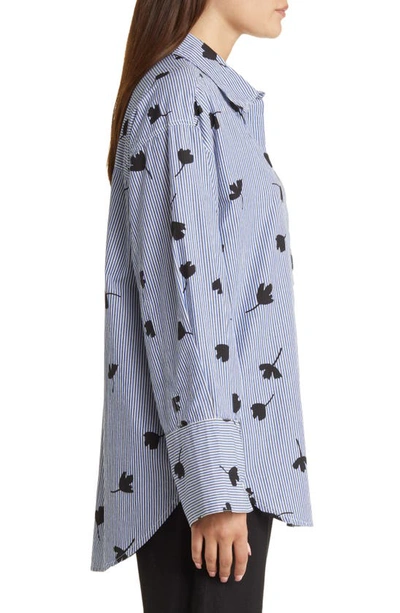 Masai Copenhagen Gila Floral Stripe Cotton Poplin Tunic Top In Maritime Blue