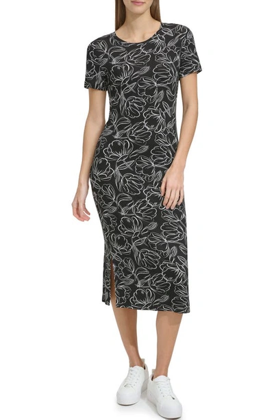 Shop Andrew Marc Print T-shirt Dress In Black Sketched Floral