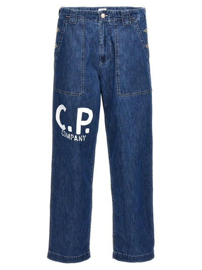 Shop C.p. Company Logo Print Jeans Blue