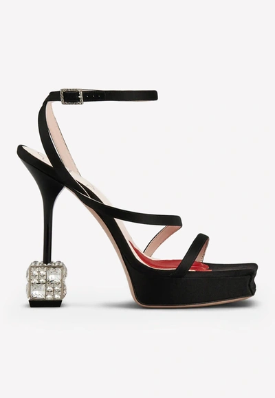 Shop Roger Vivier Cube 120 Crystal Heel Satin Sandals In Black