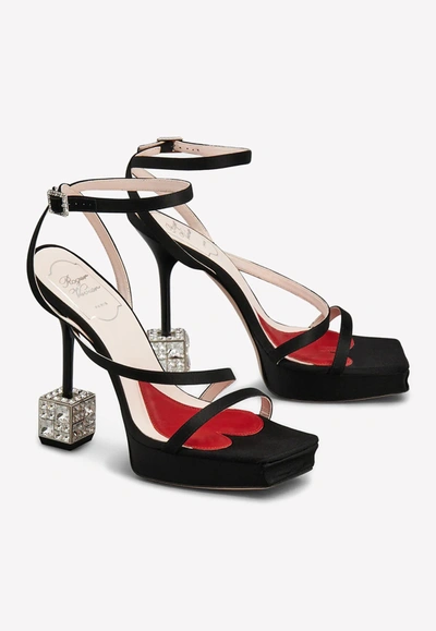 Shop Roger Vivier Cube 120 Crystal Heel Satin Sandals In Black