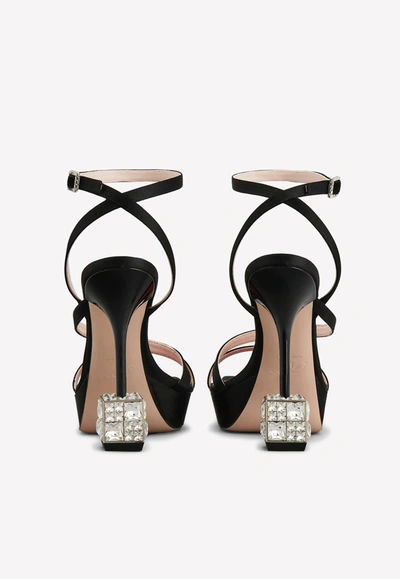 Shop Roger Vivier Cube 120 Crystal Heel Satin Sandals In Black