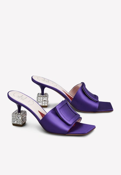Roger Vivier Cube 75 Crystal Heel Satin Mules In Violet