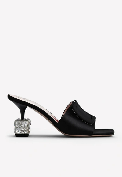 Roger Vivier Cube Crystal-heel Velvet And Leather Mules In Black