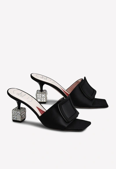 Roger Vivier Cube Crystal-heel Velvet And Leather Mules In Black