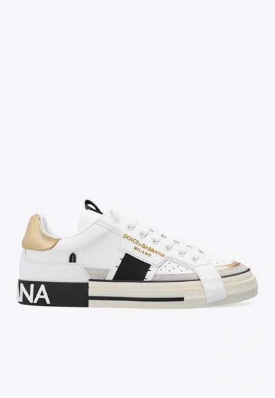 Dolce & Gabbana Custom Leather Sneakers With Metallic Inserts In White