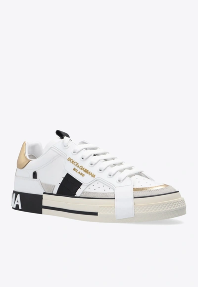 Dolce & Gabbana Custom Leather Sneakers With Metallic Inserts In White