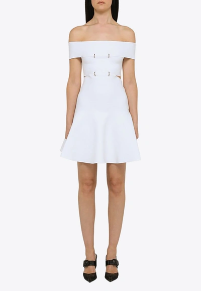 Alexander Mcqueen White Off-the-shoulders Mini Dress With D Rings In Viscose Blend Knit Woman In White