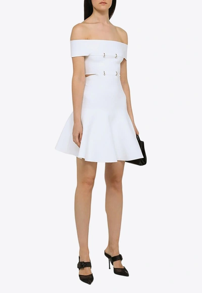 Alexander Mcqueen White Off-the-shoulders Mini Dress With D Rings In Viscose Blend Knit Woman In White
