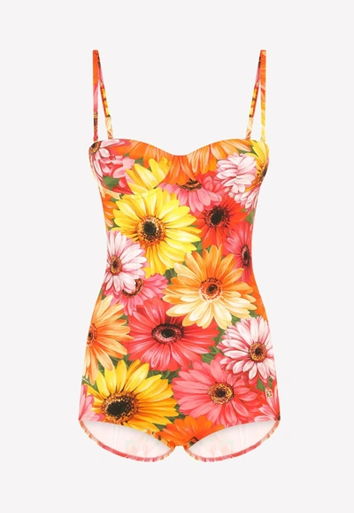 Shop Dolce & Gabbana Daisy Print Bustier One-piece Swimsuit In Multicolor