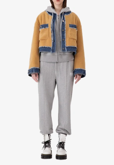 Sjyp Denim Contrast Sherpa Cropped Jacket In Beige