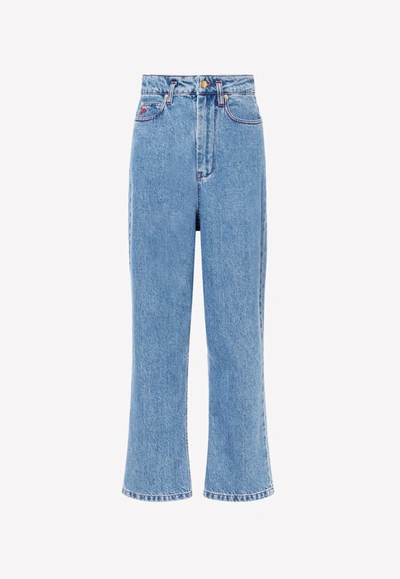 Shop Philosophy Di Lorenzo Serafini Denim Jeans With Embroidered Red "p" Logo In Blue