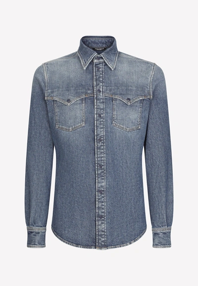 Shop Dolce & Gabbana Denim Long-sleeved Shirt In Blue