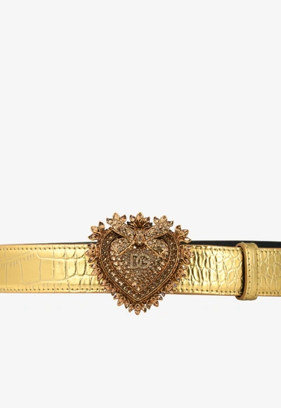 Dolce & Gabbana Devotion Heart Metallic Alligator-print Belt In Gold