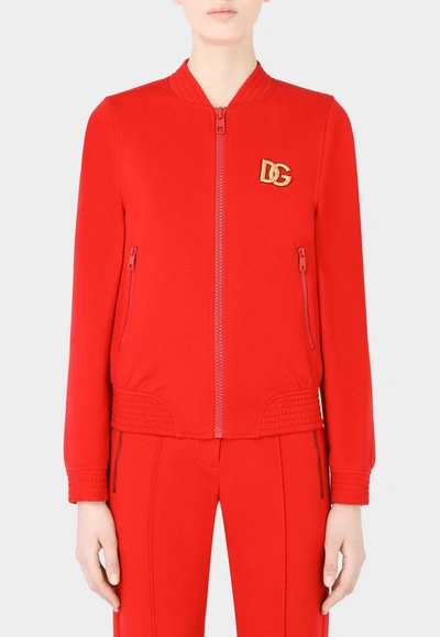 Shop Dolce & Gabbana Dg Embellished Jersey Bomber Jacket In Red