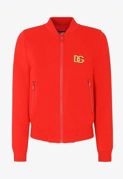 Shop Dolce & Gabbana Dg Embellished Jersey Bomber Jacket In Red