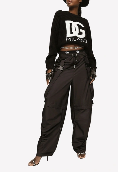 Dolce & Gabbana Intarsia Knit Logo Crop Virgin Wool Rib Sweater In Black