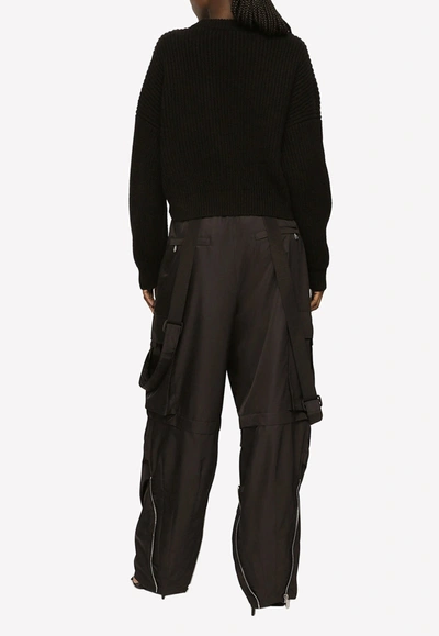 Dolce & Gabbana Intarsia Knit Logo Crop Virgin Wool Rib Sweater In Black