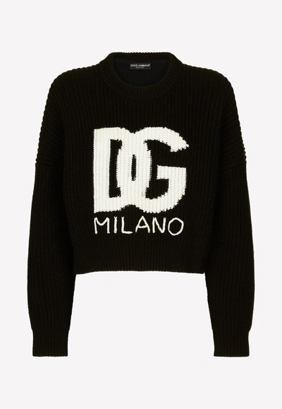 Dolce & Gabbana Intarsia Knit Logo Crop Virgin Wool Rib Sweater In Black