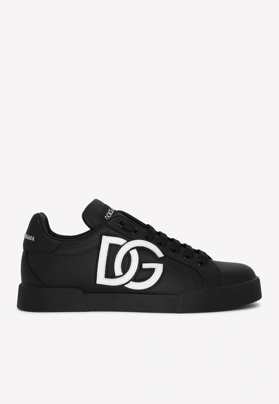 Dolce & Gabbana Calfskin Portofino Sneakers With Dg Logo In Black
