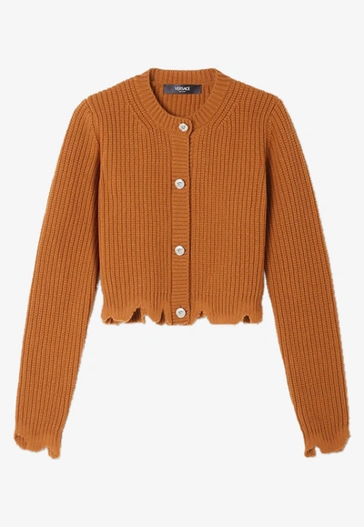 Versace Distressed Knitted Cardigan In Amber