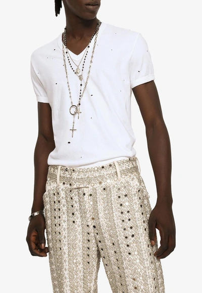 Dolce & Gabbana White T-shirt With All-over Rips And Ri-edition Logo Patch In Cotton Man In White
