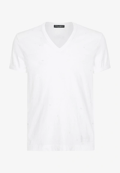 Shop Dolce & Gabbana Distressed Re-edition V-neck T-shirt In White