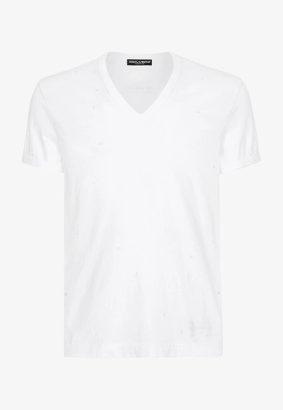 Dolce & Gabbana White T-shirt With All-over Rips And Ri-edition Logo Patch In Cotton Man In White