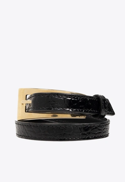 Shop Saint Laurent Double Wrap Croc-embossed Leather Bracelet In Black